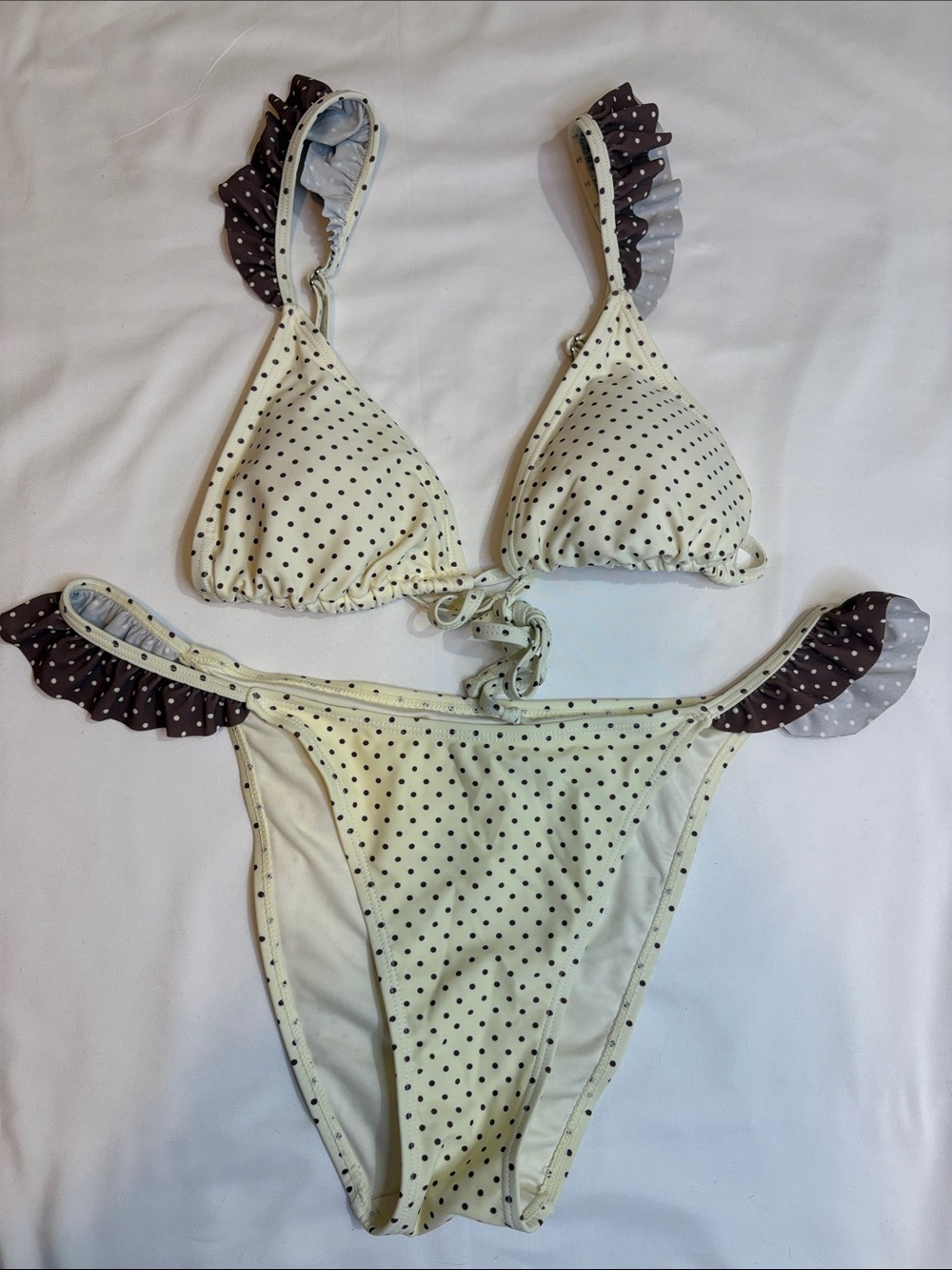 Polka Dot Ruffle Frill Strap Cream Chocolate Cabana del Sol Triangle Bikini Set